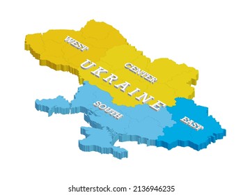 Ukraine Geographic Divisions Isometric Map. Eastern European Country, Split Into Four Areas, Used In Polls, Or For Reference Or Statistical Purposes. Western, Eastern, Southern And Central Ukraine.