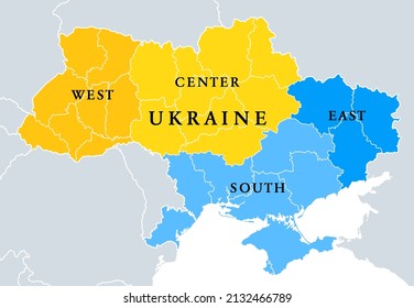 Ukraine Geographic Divisions, Political Map. Eastern European Country, Split Into Four Areas, Used In Polls, Or For Reference Or Statistical Purposes. Western, Eastern, Southern And Central Ukraine.