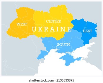 Ukraine Geographic Divisions, Political Map. Eastern European Country, Split Into Four Areas, Used In Polls, Or For Reference Or Statistical Purposes. Western, Eastern, Southern And Central Ukraine.