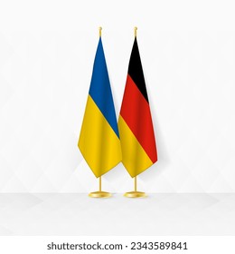 Ukraine und Deutschland Flaggen auf Flaggenstand, Illustration für Diplomatie und anderes Treffen zwischen der Ukraine und Deutschland. Vektorgrafik.