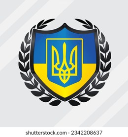 Ukraine Glossy Black Shield Flag With Rounding Leaf Wreath 
