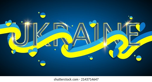 Ukraine golden lettering with hearts. Ukraine flag praying concept background. Pray for Ukraine. Abstract yellow and blue lines vector illustration.
