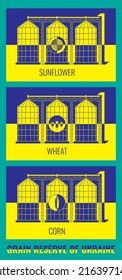 Ukraine Grain Reserve Icons Vector Illustration Set. The granaries are on the flag of Ukraine and are painted in the yellow-blue color of the national flag

