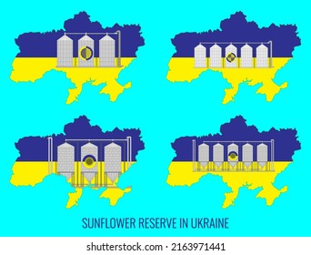 Ukraine grain stock icon vector illustration set. Granaries on the map of Ukraine, painted in the yellow-blue color of the national flag.
