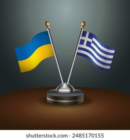 Ukraine and Greece flag together. Small table flag with color gradient background