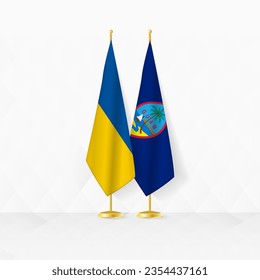 Die Flaggen der Ukraine und Guams stehen an der Flagge, Illustration für Diplomatie und andere Treffen zwischen der Ukraine und Guam. Vektorgrafik.
