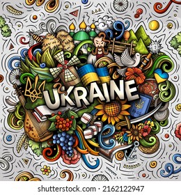 Ukraine hand drawn cartoon doodle illustration. Funny Ukrainian design. Creative vector background. Handwritten text with Europeian Country elements and objects. Colorful composition