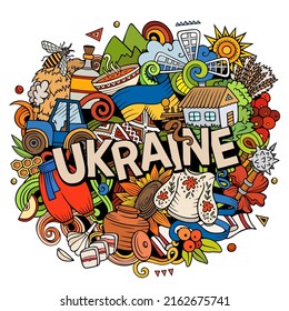 Ukraine hand drawn cartoon doodle illustration. Funny Ukrainian design. Creative vector background. Handwritten text with Europeian Country elements and objects. Colorful composition