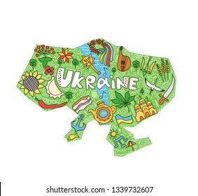 Ukraine hand lettering and doodles elements background. Map of Ukraine with national elements in the style of doodles.