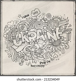 Ukraine hand lettering and doodles elements background. Vector illustration