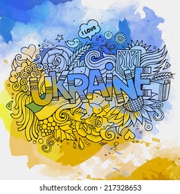 Ukraine hand lettering and doodles elements background. Vector watercolor illustration