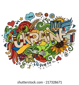 Ukraine hand lettering and doodles elements background. Vector illustration