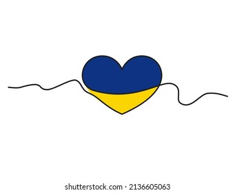 Ukraine heart one line drawing with yellow and blue brush strokes of Ukraine national flag colors. Simple hand drawn line. Support Ukrainian people. Vector illustration. Eps 10