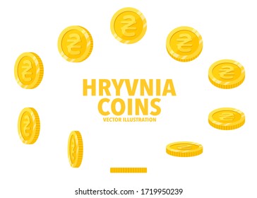 Ukraine Hryvnia sign gold coin isolated on white background, set of flat icon of coin with symbol at different angles.