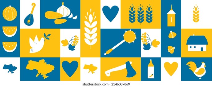 Ukraine Icon Set. Home, Sunflower, The contour of Ukrainian map, Military aircraft, rooster, wheat, beehive, watermelon, still life, dove of peace. Support Ukraine Illustration. Vector illustration  