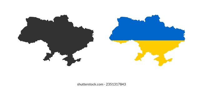 Ukraine icon. Ukrainian map signs. The geographic contour of Ukraine's country symbol. Crimea region symbols. Kyiv area icons. Black, blue, and yellow color. Vector isolated sign.