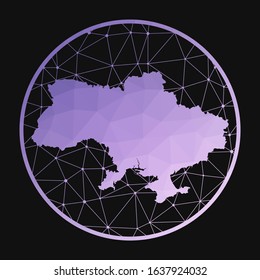 Ukraine icon. Vector polygonal map of the country. Ukraine icon in geometric style. The country map with purple low poly gradient on dark background.
