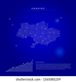 Ukraine illuminated map with glowing dots. Infographics elements. Dark blue space background. Vector illustration. Growing chart, lorem ipsum text.