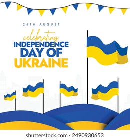 Ukraine Independence Day, 24th August background, banner, post. Independence day of Ukraine celebration banner with its flags, hanging decor in flag colours. The country become independent in 1991.