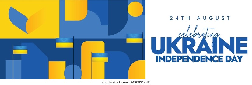 Ukraine Independence Day. 24th August celebrating Ukraine independence day cover banner with its flag and abstract art elements, shapes in its flag colours. The country become independent in 1991.