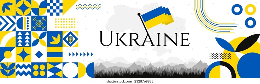 Ukraine Independence Day abstract banner design with flag and map. Flag color theme geometric pattern retro modern Illustration design. Blue and Yellow flag color template.