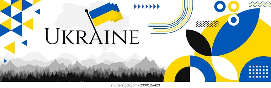 Ukraine Independence Day abstract banner design with flag and map. Flag color theme geometric pattern retro modern Illustration design. Blue and Yellow flag color template.