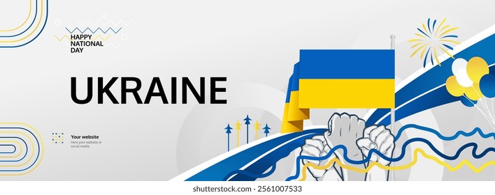 Ukraine Independence Day greeting banner concept. August 24th is celebrated as Ukrainians National Day. Nice template with flag and raised fist, great for nationalism poster.