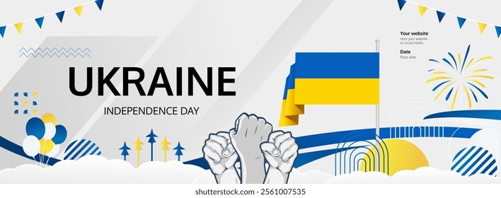 Ukraine Independence Day greeting banner concept. August 24th is celebrated as Ukrainians National Day. Nice template with flag and raised fist, great for nationalism poster.