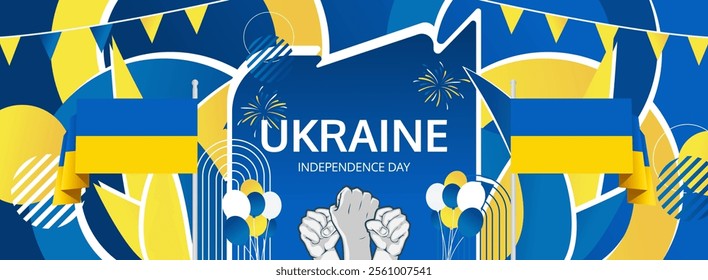 Ukraine Independence Day greeting banner concept. August 24th is celebrated as Ukrainians National Day. Nice template with flag and raised fist, great for nationalism poster.