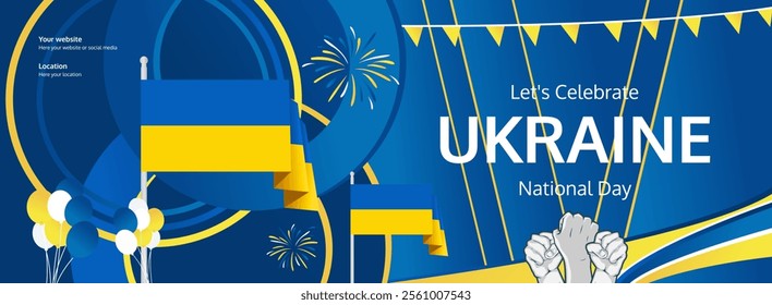 Ukraine Independence Day greeting banner concept. August 24th is celebrated as Ukrainians National Day. Nice template with flag and raised fist, great for nationalism poster.