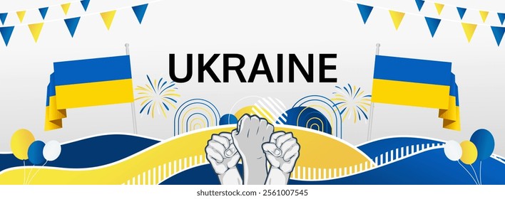 Ukraine Independence Day greeting banner concept. August 24th is celebrated as Ukrainians National Day. Nice template with flag and raised fist, great for nationalism poster.