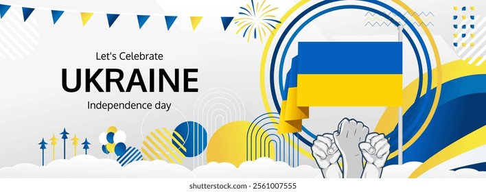 Ukraine Independence Day greeting banner concept. August 24th is celebrated as Ukrainians National Day. Nice template with flag and raised fist, great for nationalism poster.