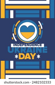 Ukraine Independence Day. National happy holiday, celebrated annual in August 24. Ukrainian flag. Blue and yellow. Patriotic elements. Poster, card, banner and background. Vector illustration