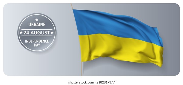 Ukraine independence day vector banner, greeting card. Ukrainian wavy flag in 24th of August national patriotic holiday horizontal design
