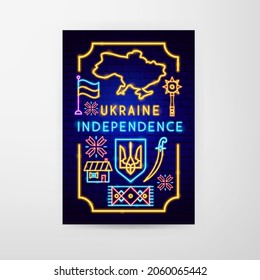 Ukraine Independence Neon Flyer. Vector Illustration of Country Promotion.
