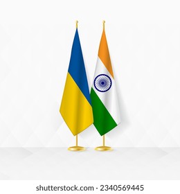 Ukraine and India flags on flag stand, illustration for diplomacy and other meeting between Ukraine and India. Vector illustration.