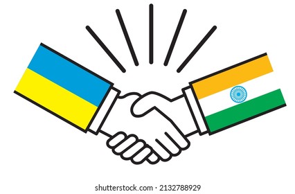 Ukraine and India, handshake with national flag. Image illustrations of wars, conflicts, alliances, reconciliations, agreements between nations, icons.