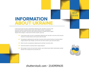 Ukraine information flyer poster template for social media header or print. Illustration for supporting Ukraine with blue and yellow squares and ukraine support badge