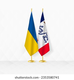 Banderas de Ucrania e Iowa en el puesto de bandera, ilustración de la diplomacia y otro encuentro entre Ucrania e Iowa. Ilustración vectorial.