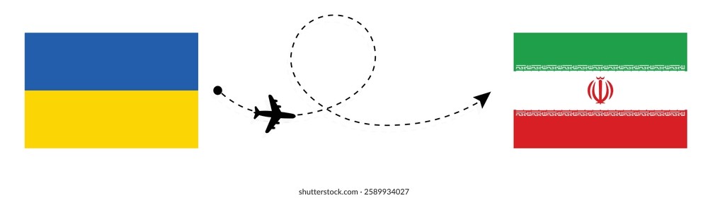 Ukraine to Iran Flight Travel by Air. Kyiv to Tehran Flight Travel Concept Vector Art. Ukraine and Iran Flags Together.