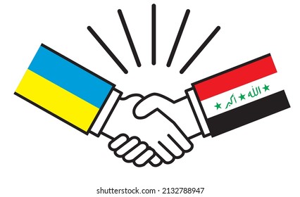 Ukraine and Iraq, hands with national flags shaking hands. Image illustrations of wars, conflicts, alliances, reconciliations, agreements between nations, icons.