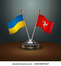 Ukraine and Isle of Man flag together. Small table flag with color gradient background