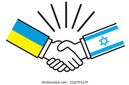 Ukraine and Israel, handshake with national flag. Image illustrations of wars, conflicts, alliances, reconciliations, agreements between nations, icons.