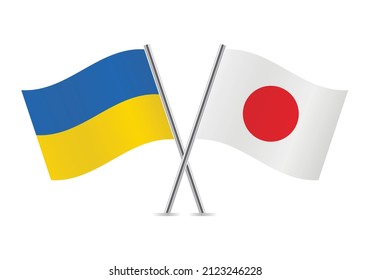 Ukraine and Japan crossed flags. Ukrainian and Japanese flags, isolated on white background. Vector icon set. Vector illustration.