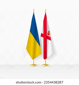 Die Flaggen der Ukraine und Jerseys auf Flaggenstand, Illustration für Diplomatie und anderes Treffen zwischen der Ukraine und Jersey. Vektorgrafik.