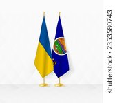 Ukraine and Kansas flags on flag stand, illustration for diplomacy and other meeting between Ukraine and Kansas. Vector illustration.