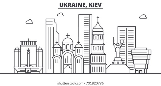 Ukraine, Kiev architecture line skyline illustration. Linear vector cityscape with famous landmarks, city sights, design icons. Landscape wtih editable strokes