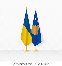 Ukraine and Kosovo flags on flag stand, illustration for diplomacy and other meeting between Ukraine and Kosovo. Vector illustration.