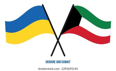 Banderas de Ucrania y Kuwait Cruzadas y ondeando estilo plano. Proporción oficial. Colores correctos.
