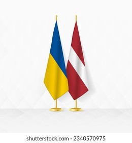 Ukraine and Latvia flags on flag stand, illustration for diplomacy and other meeting between Ukraine and Latvia. Vector illustration.